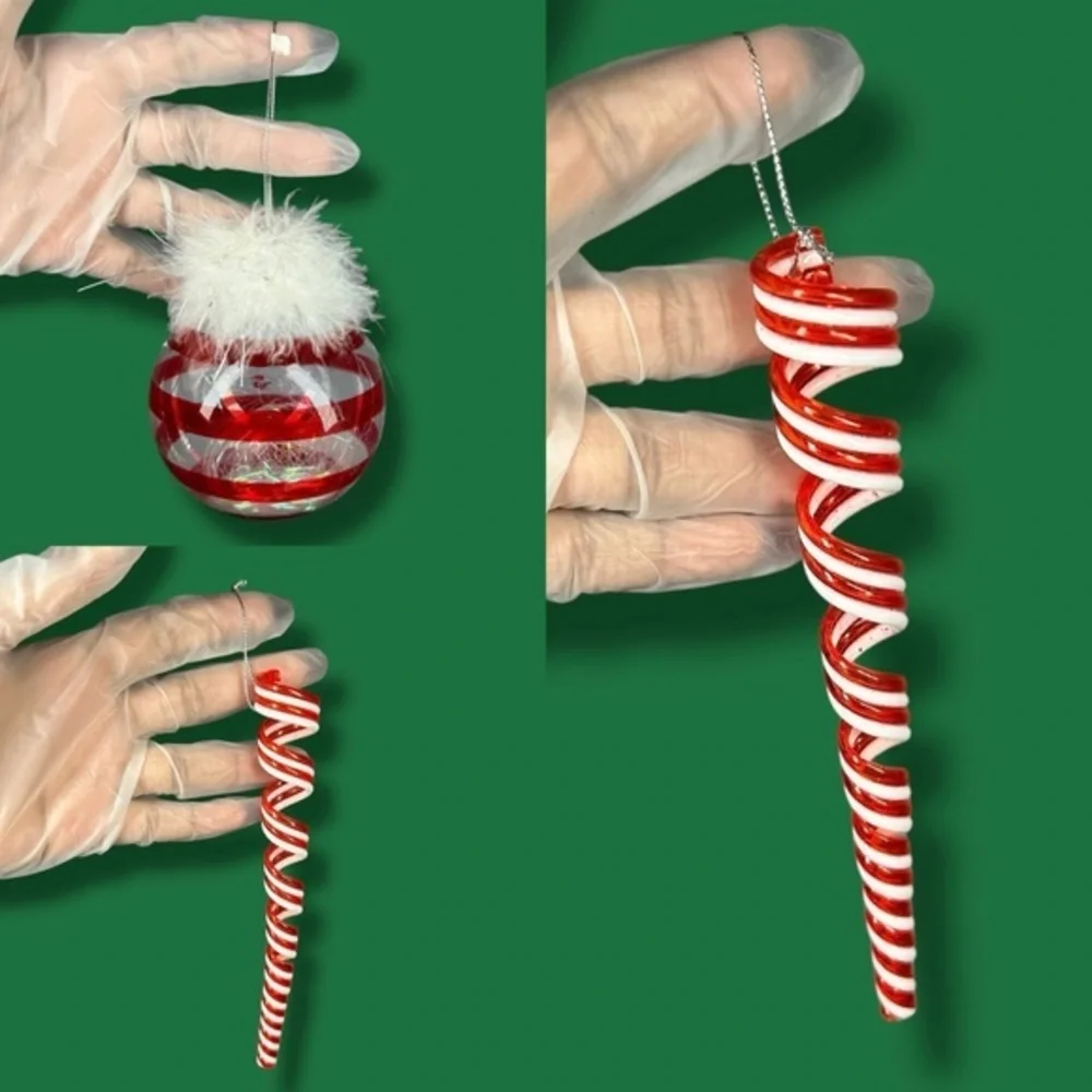 Red And White Striped Icicle and Bauble Christmas Ornaments - Set Of 3 -“Holly